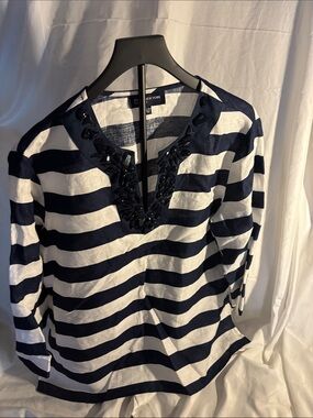 Jones New York Navy and White Striped Embellished V-Neck Blouse 100% Linen